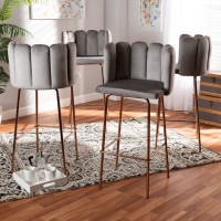 Baxton Studio BA-11-Grey/Rose Gold-BS-4PC Set Kaelin Luxe and Glam Grey Velvet Fabric Upholstered and Rose Gold Finished 4-Piece Bar Stool Set